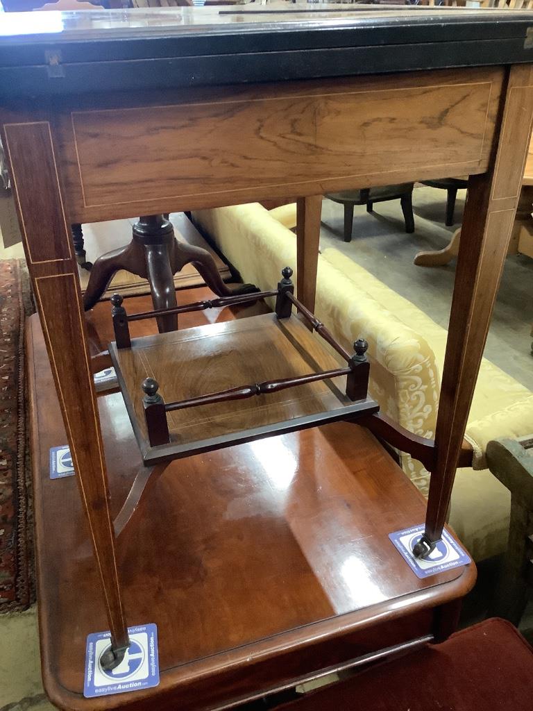 An Edwardian marquetry inlaid rosewood envelope card table, width 55cm, depth 55cm, height 74cm